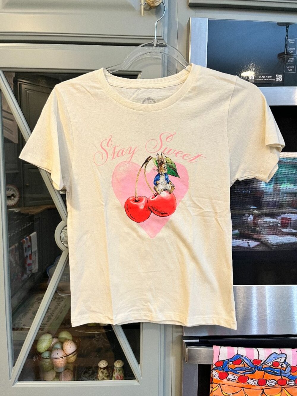 Peter Rabbit Cotton Tee Small "Stay Sweet" Coquette Feminine Cherries Heart
